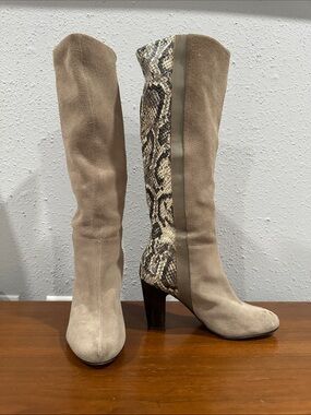 Knee-High Suede Boot with Snake-Print Panel - Taupe